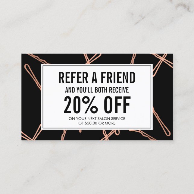 Chic Rose Gold Bobby Pins on Black Referral Card (Front)