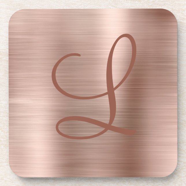 Chic Rose Gold Brushed Metal Monogram Initial Coaster (Front)