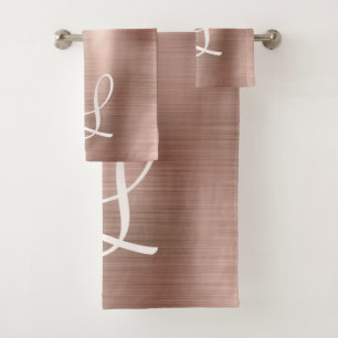 Chic Rose Gold Brushed Metal Pink Monogram Bath Towel Set