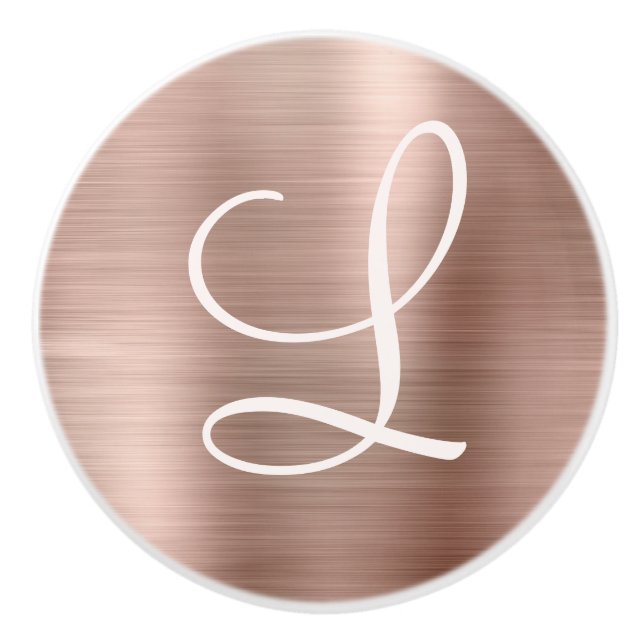 Chic Rose Gold Brushed Metal Pink Monogram Ceramic Knob (Front)
