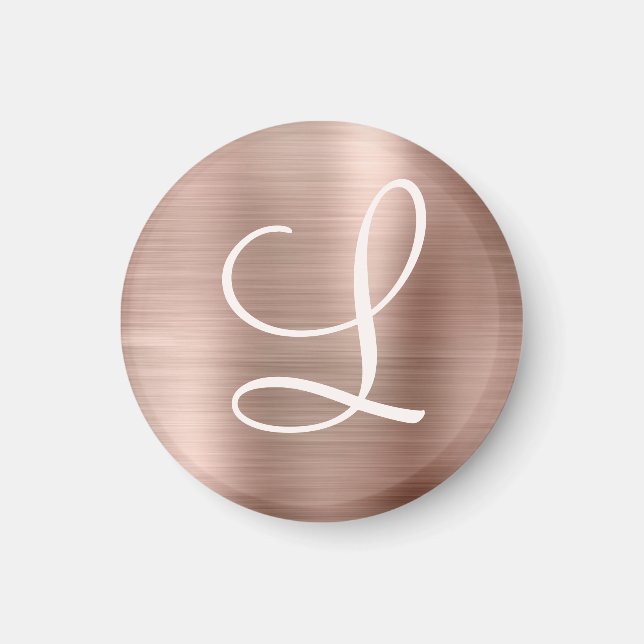 Chic Rose Gold Brushed Metal Pink Monogram Magnet (Front)