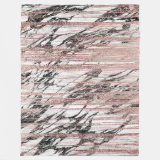 Chic Rose Gold Brushstrokes on Black White Marble Fleece Blanket