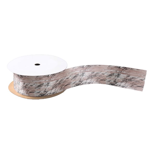 Chic Rose Gold Brushstrokes on Black White Marble Satin Ribbon (Spool)