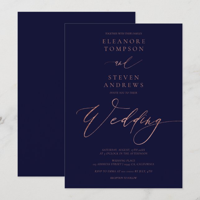 Chic rose gold calligraphy luxe navy blue wedding invitation (Front/Back)