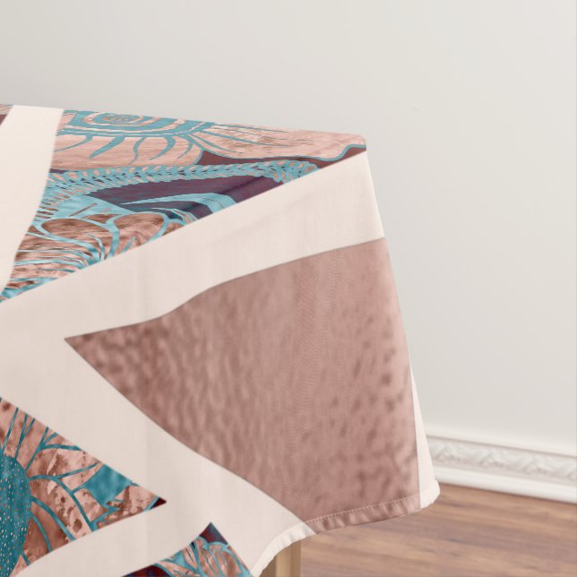 Chic Rose Gold Copper Teal Black Floral Geometric Tablecloth (In Situ)