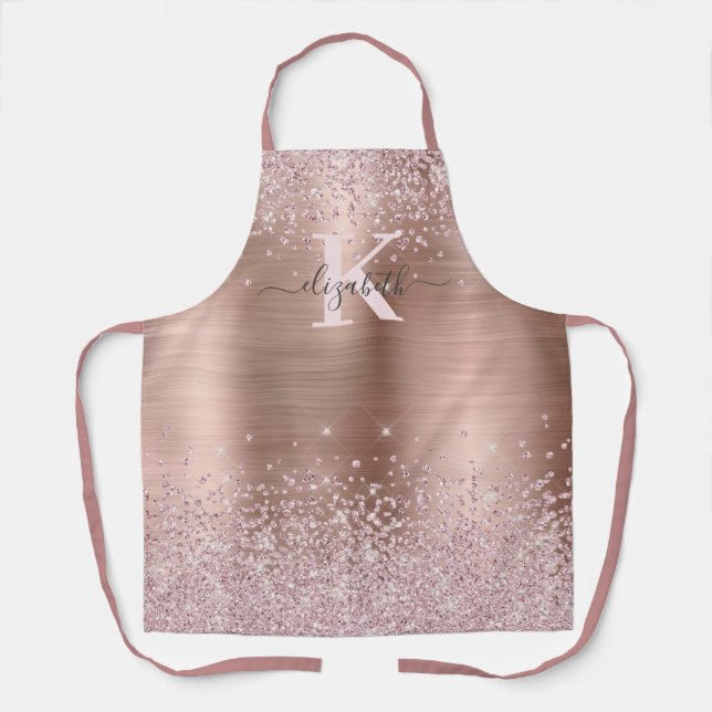 Chic Rose Gold Diamond Glitter Monogrammed Apron (Front)