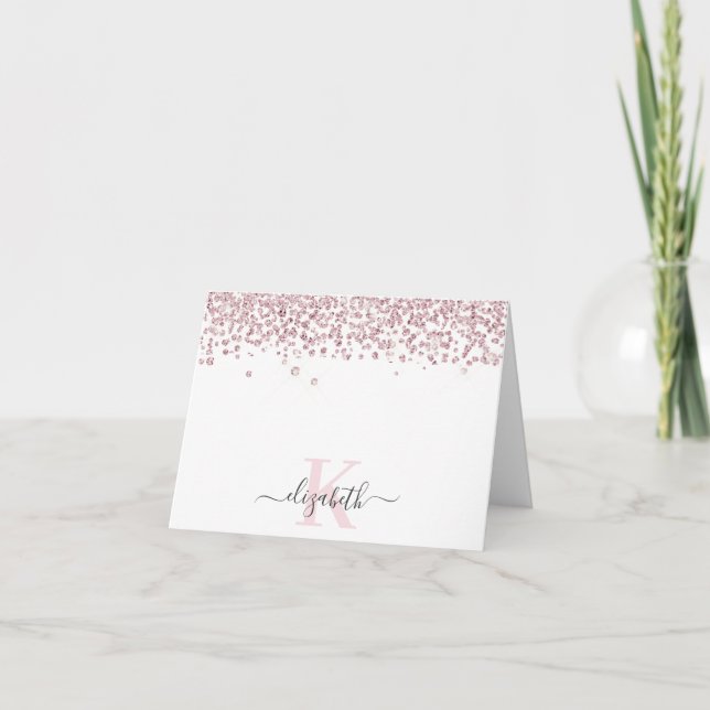 Chic Rose Gold Diamond Glitter Monogrammed  Thank You Card (Front)