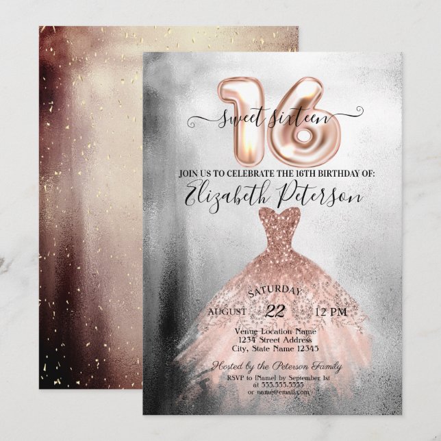  Chic Rose Gold Dress Silver Confetti Sweet 16 Invitation (Front/Back)