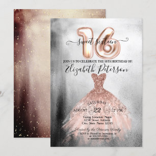 Chic Rose Gold Dress Silver Confetti Sweet 16 Invitation