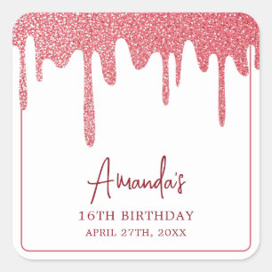 Chic Rose Gold Drip Glitter Sweet 16 Birthday Square Sticker
