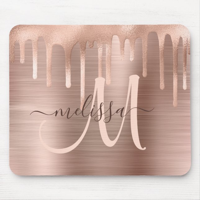 Chic Rose Gold Dripping Brushed Metal Blush Script Mouse Pad (Front)
