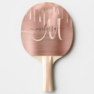 Chic Rose Gold Dripping Brushed Metal Blush Script Ping Pong Paddle