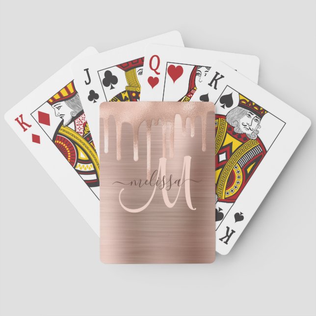 Chic Rose Gold Dripping Brushed Metal Blush Script Playing Cards (Back)