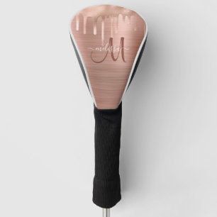Chic Rose Gold Dripping Brushed Metal Monogram Golf Head Cover