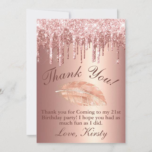 Chic Rose Gold Dripping Glitter Birthday Thank You Card (Front)