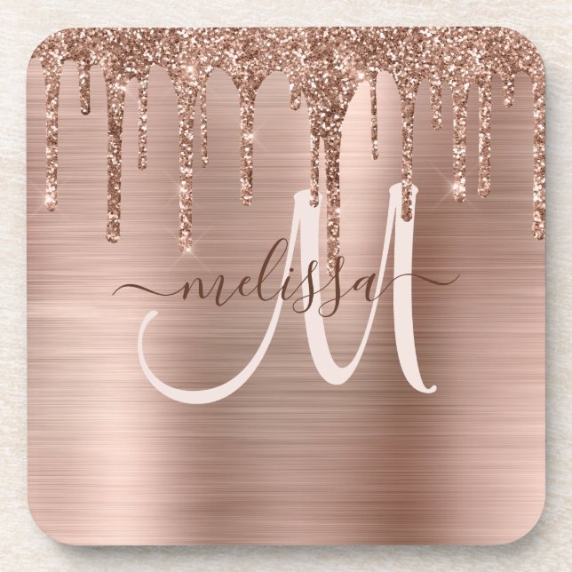 Chic Rose Gold Dripping Glitter Brushed Metal Glam Coaster (Front)