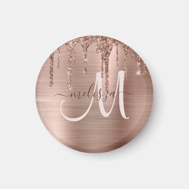 Chic Rose Gold Dripping Glitter Brushed Metal Glam Magnet (Front)