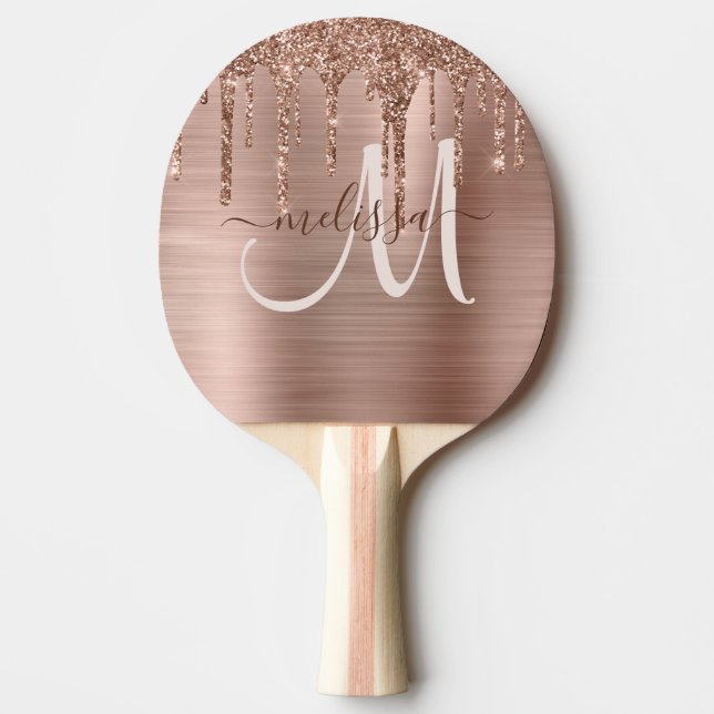 Chic Rose Gold Dripping Glitter Brushed Metal Glam Ping Pong Paddle (Front)