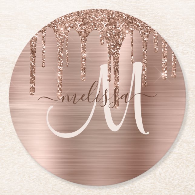 Chic Rose Gold Dripping Glitter Brushed Metal Glam Round Paper Coaster (Front)