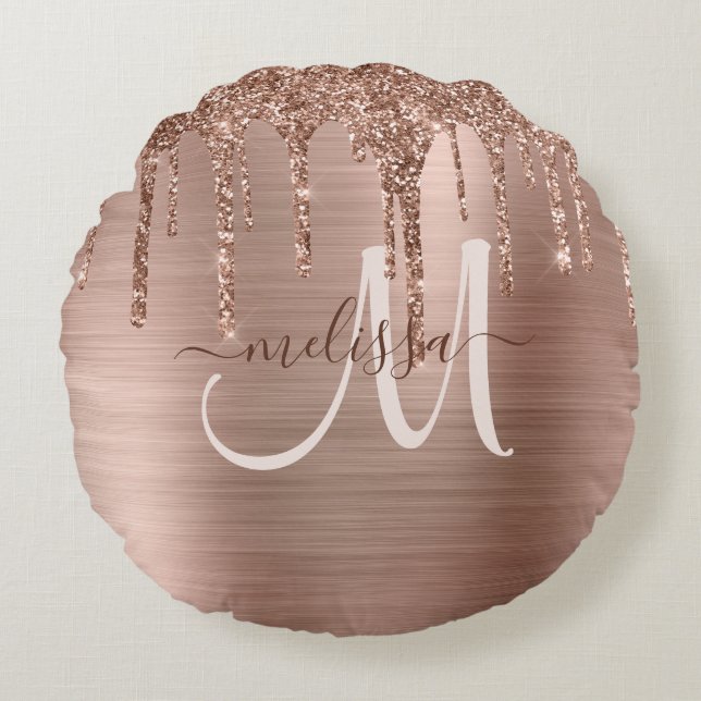 Chic Rose Gold Dripping Glitter Brushed Metal Glam Round Pillow (Front)