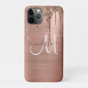 Chic Rose Gold Dripping Glitter Metal Monogram iPhone 11 Pro Case