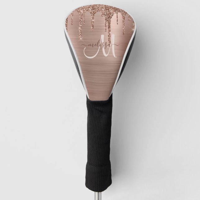Chic Rose Gold Dripping Glitter Metal Monogram Golf Head Cover (Front)