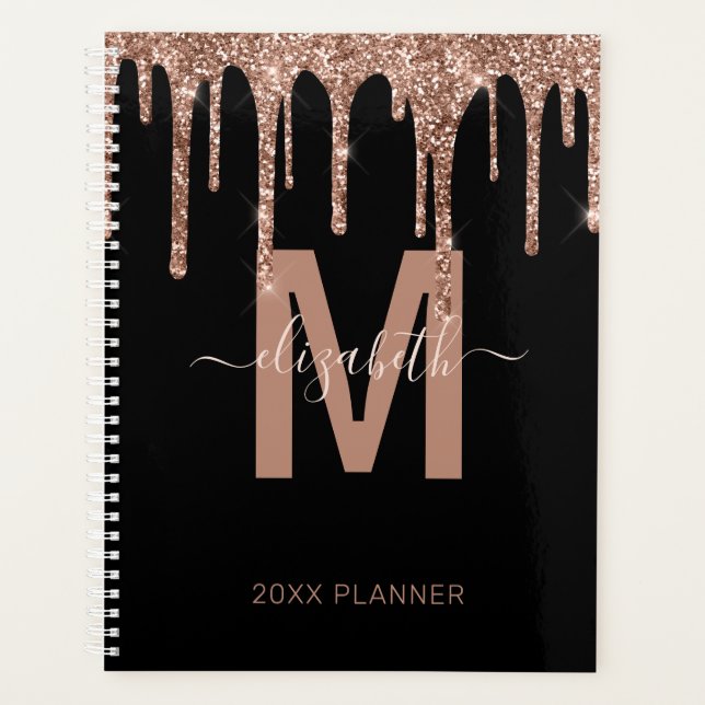 Chic Rose Gold Dripping Glitter Monogram Name 2024 Planner (Front)