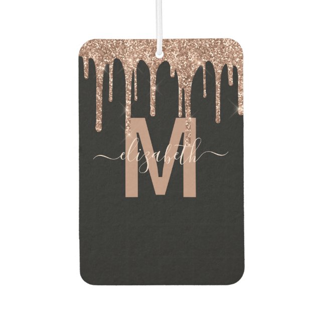 Chic Rose Gold Dripping Glitter Monogram Name Air Freshener (Front)