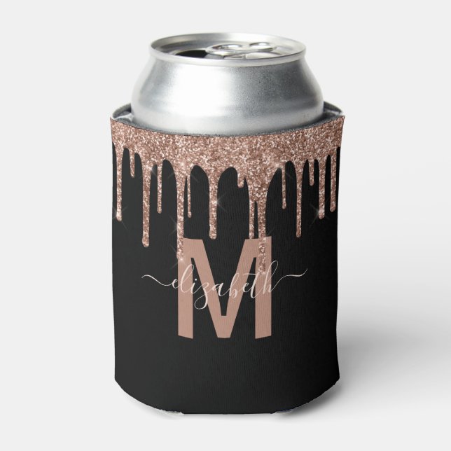 Chic Rose Gold Dripping Glitter Monogram Name Can Cooler (Can Front)