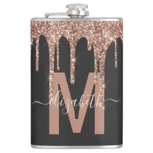 Chic Rose Gold Dripping Glitter Monogram Name Hip Flask