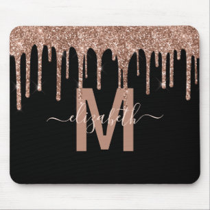 Chic Rose Gold Dripping Glitter Monogram Name Mouse Pad