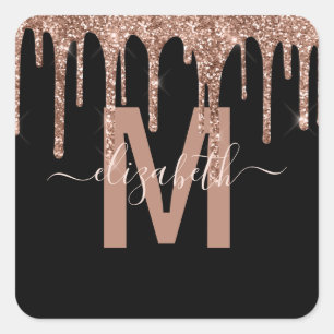 Chic Rose Gold Dripping Glitter Monogram Name Square Sticker