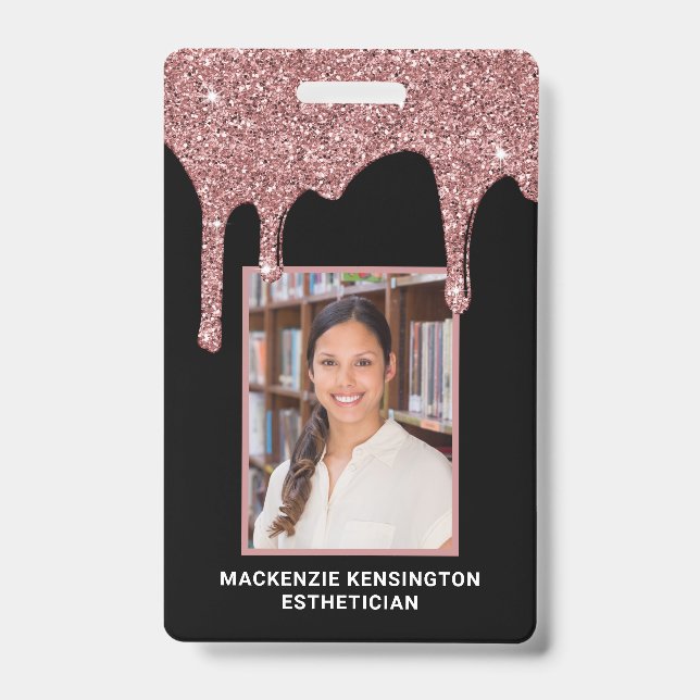 Chic Rose Gold Dripping Glitter Photo Badge (Front)