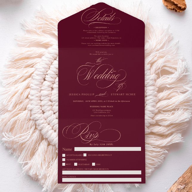 Chic rose gold elegant red calligraphy wedding all in one invitation (Creator Uploaded)