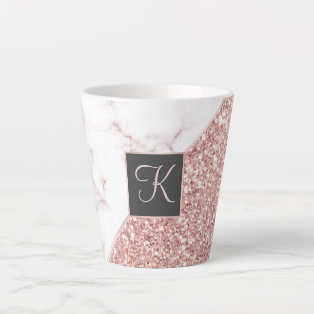 Chic Rose Gold Faux Glitter and Marble Monogram Latte Mug (Front)