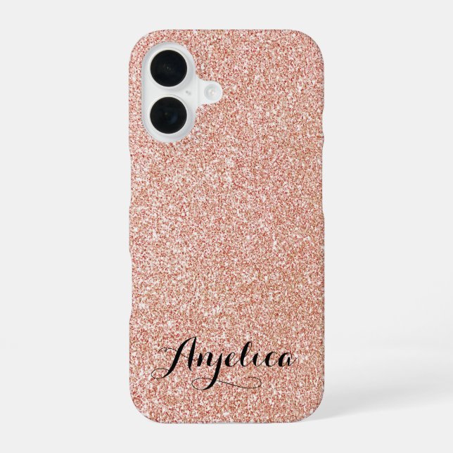 Chic Rose Gold Faux Glitter Script Typography Name iPhone 16 Case (Back)