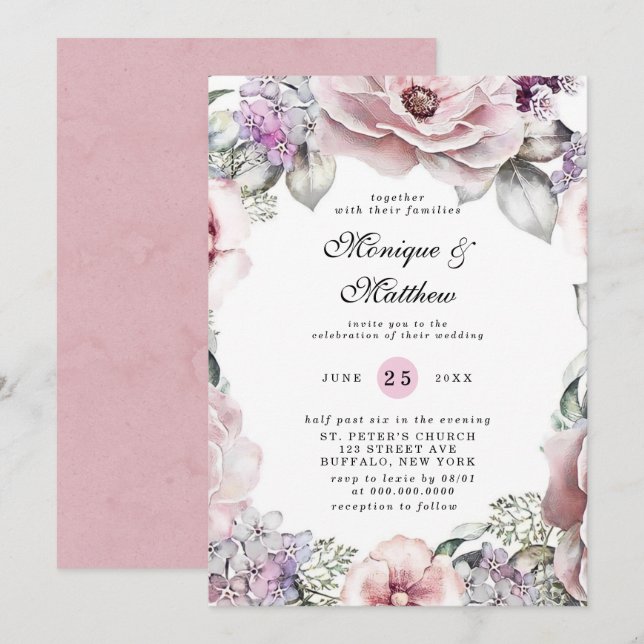 Chic Rose Gold Floral and Eucalyptus Wedding Invit Invitation (Front/Back)