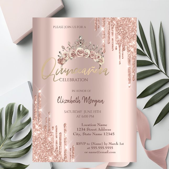 Chic Rose Gold Floral Crown Drops Quinceañera  Invitation (Creator Uploaded)