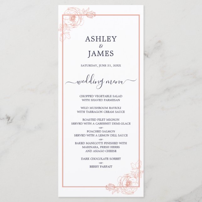 Chic Rose Gold Floral Outline Navy Blue Wedding Menu (Front)