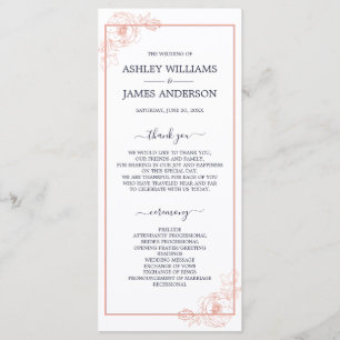 Chic Rose Gold Floral Outline Navy Blue Wedding Program