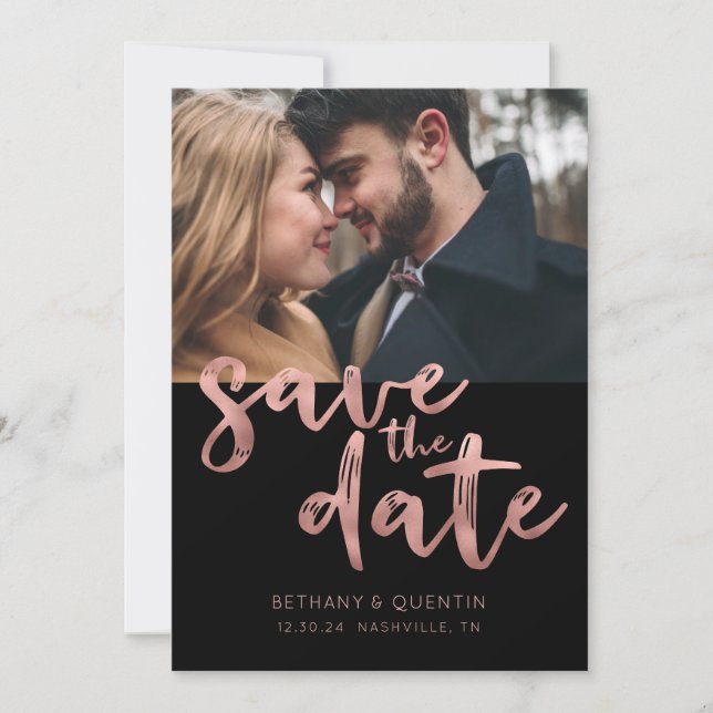 Chic Rose Gold Foil Brush Script Photo Save The Date (Front)