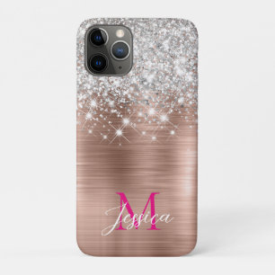 Chic Rose Gold Foil Faux Glitter Hot Pink Monogram iPhone 11 Pro Case