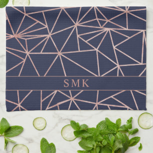 Chic Rose Gold Foil Geometric Polygon Navy Blue Kitchen Towel