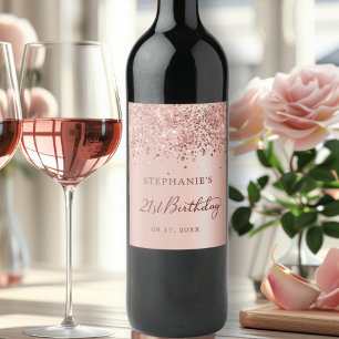 Chic Rose Gold Foil Glitter 21st Birthday Monogram Wine Label