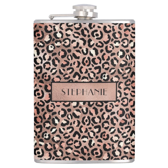 Chic Rose Gold Foil Leopard Print Personalized Hip Flask (Front)
