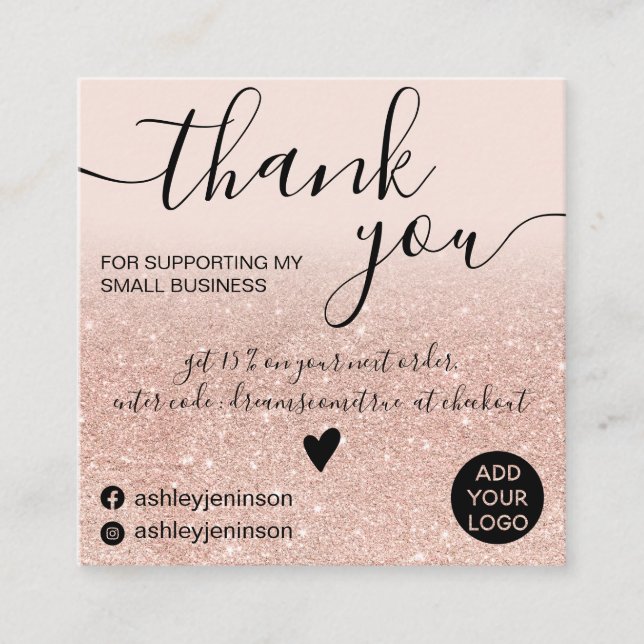 Chic rose gold glitter blush pink order thank you square business card (Front)