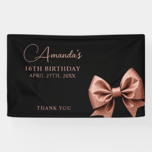 Chic Rose Gold Glitter Bow Sweet 16 Birthday Banner