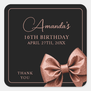 Chic Rose Gold Glitter Bow Sweet 16 Birthday Square Sticker