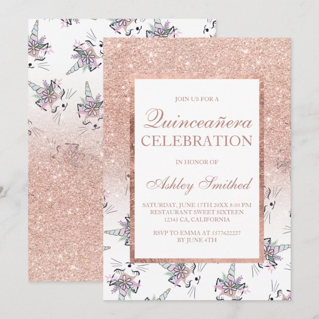 Chic rose gold glitter caticorns Quinceañera Invitation (Front/Back)