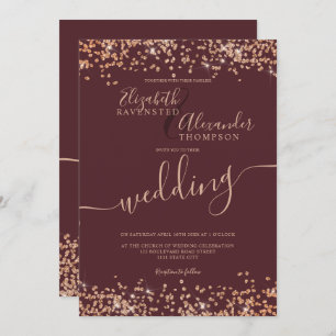 Chic rose gold glitter confetti burgundy wedding invitation